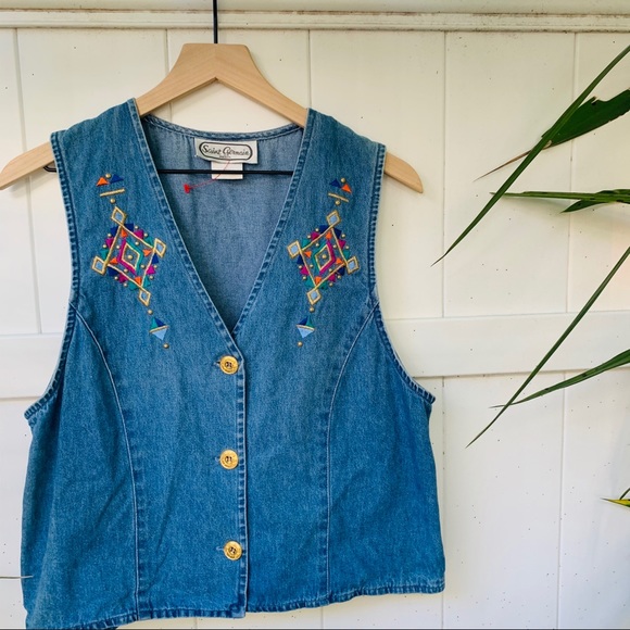 Vintage Jackets & Blazers - vintage vsco 90s denim funky hippy gold aztec vest